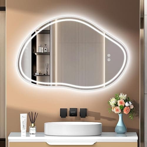 PESENXAN Badspiegel mit Beleuchtung 80x53cm, Asymmetrischer Spiegel mit Beleuchtung 3 Lichtfarben Dimmbar, Touchschalter, LED Spiegel Bad IP44 Energiesparend Für Badezimmer - Image 1