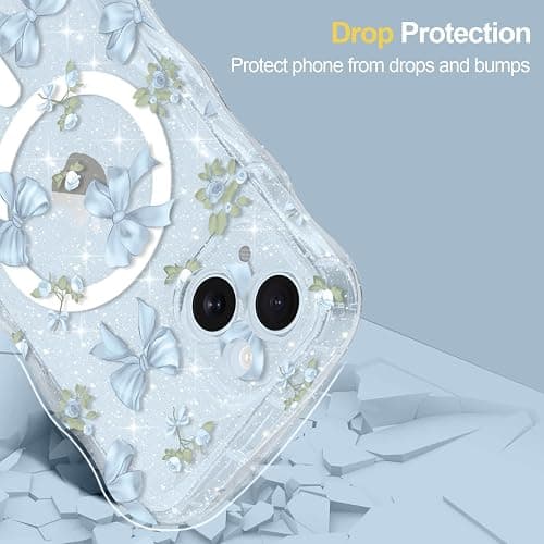 Urarssa Magnetic Case for iPhone 15, Glitter Cute Curly Wavy Frame Aesthetic Ribbon Bow Pattern Clear Case for Women Girls, Transparent Slim TPU Bumper Shockproof Protective Cover, Blue Bows thumbnail 7