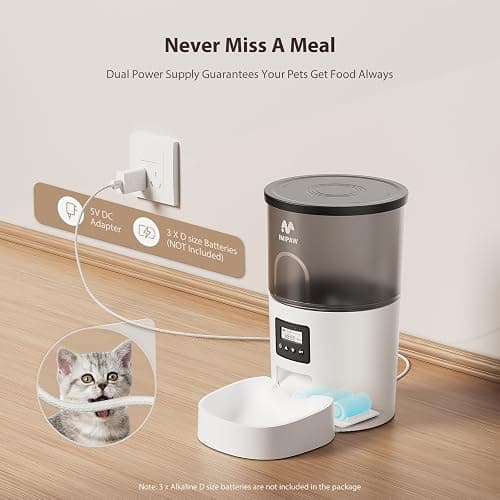 IMIPAW Automatic Cat Feeders, Timed Cat Dry Food Dispenser with Desiccant Bag, Dual Power Supply, Programmable Portion Size, 6 Meals, 20 Portions Per Day, Auto Pet Feeder for Cats and Small Dog, White thumbnail 4