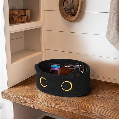 WILLITAT Black Cat Toy Basket, Small Woven Cat Toy Storage Box with Cute Ears Handle Indoor, Cotton Rope Storage Bin with Embroidered Face for Halloween Decor, Pet Bed, Nursery Kids Room Organization thumbnail 7