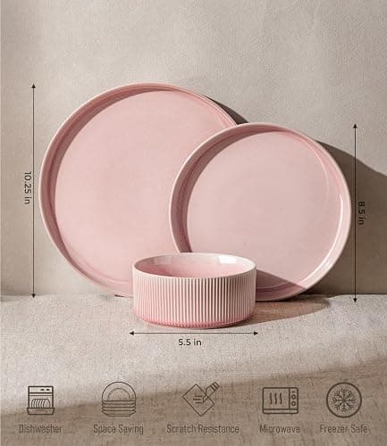 GBHOME Stoneware Dinnerware Sets for 4,12-Piece Plates and Bowls Set | Ribbed Reactive Glaze Ceramic Dish Set, Scratch Resistant, Dishwasher&Microwave Safe,Blush Pink thumbnail 2