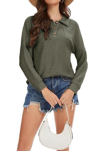Balivsa Womens Tops Waffle Knit V-Neck Long Sleeve T-shirts Button Down with Pockets Tunic Fashion Clothing thumbnail 7