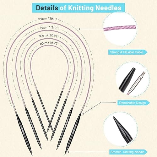 Aeelike Interchangeable Knitting Needles Set, 9 Pairs Circular Knitting Needles Aluminum (Size 3.0mm-8.0mm) with 4 Cables Accessories and Cute Storage Case for Socks Blankets Cushions, Ideal Gift thumbnail 4