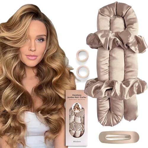 BLINKEEN Jumbo Heatless Hair Curler Set-Satin Heatless Curls Overnight, Jumbo Curling Rod Headband, No Heat Curlers To Sleep in (Beige) - Image 1
