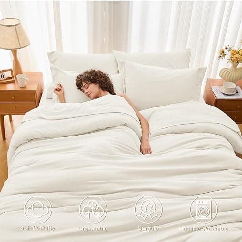 MUXHOMO 7 Pieces Queen Comforter Set, Soft Bed in a Bag Queen Size, All Season Bedding Set with Comforter, Flat Sheet, Fitted Sheet, Pillowcases & Shams, Ivory thumbnail 2