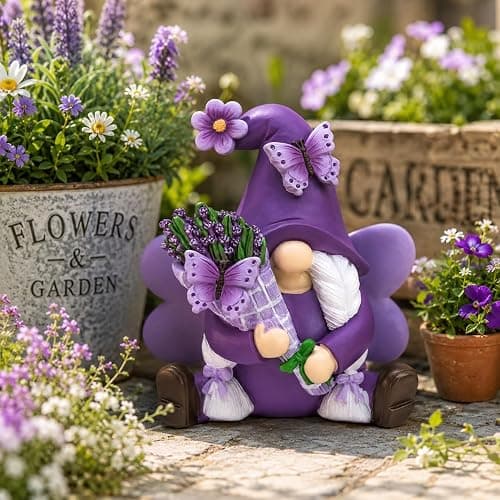 KnomeKo Lavender Gnome Fairy Garden Decor Purple Gifts for Women | Butterfly & Lavender Bouquet Resin Gnome , Spring Summer Decor Home Office Table Porch Yard thumbnail 5