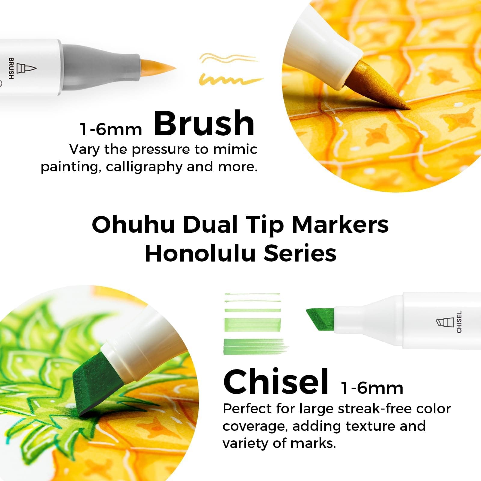 Ohuhu Alcohol Art Markers Set, 216-color Double Tipped Brush & Chisel Sketch Marker, Alcohol-based Brush Markers, Comes w/ 1 Blender for Sketching, Adult Coloring, and Illustration -Honolulu Series thumbnail 3