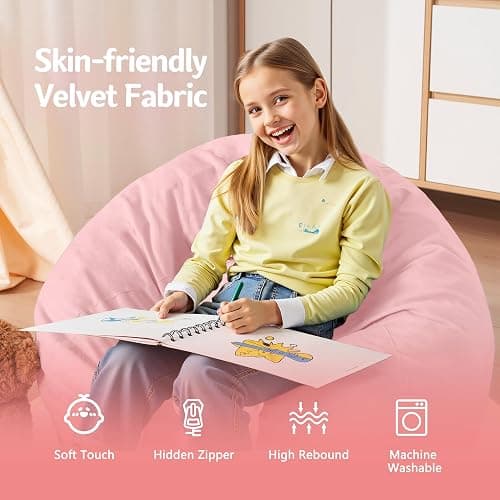 Homguava Bean Bag Chair: Bean Bags with Memory Foam Filled,Comfy Beanbag Chairs Round Bean Bag Sofa with Dutch Velvet Cover-2FT-28 x28 x22,Light Pink thumbnail 4