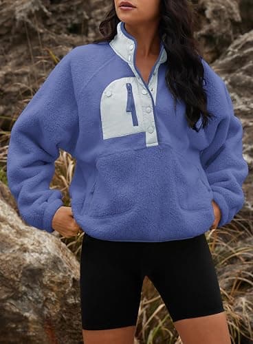 Yanekop Womens Fuzzy Fleece Pullover Sherpa Sweatshirt Long Sleeve Button Down Sweater Winter Fleece Jacket with Pockets thumbnail 5