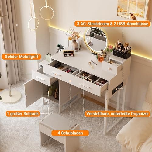 iSunirm Schminktisch Weiß – Kosmetiktisch ohne Spiegel mit Integrierter Ladestation Steckdosen + 2X USB Kleiner Vanity Desk mit 4 Schubladen, Reversibler Schranktür und Großer Ablagefläche thumbnail 6