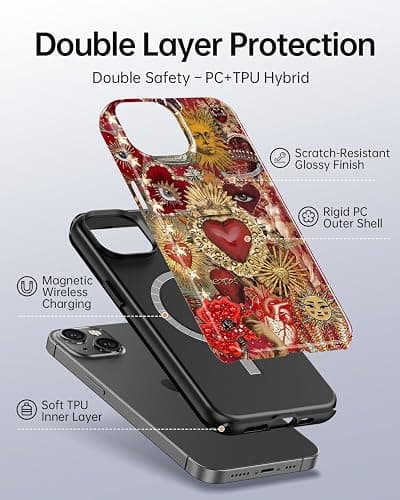 TAMUEL for iPhone 14 Case, Vintage Sacred Heart Sun Collage Phone Case, Compatible with Magsafe, Trendy Red Mosaic Celestial Evil Eye Magnetic Slim Shockproof Protective Women Girl Men Cover thumbnail 2