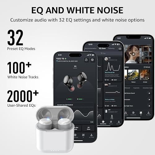 TOZO T6 Wireless Earbuds, IPX8 Waterproof Ear Buds, Stereo Bass Sound Bluetooth 5.3 Headphones in Ear, 50 Hours Playtime Earphones, Wireless Charging Case, Custom 32 EQ via APP thumbnail 3