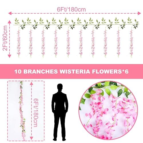 Alotiki Wisteria Artificial Flowers Garland,10Pcs Total 60ft Silk Fake Pink Wisteria Flowers Hanging for Home Garden Wedding Arch Party Indoor Outdoor Decor(10,Pink) thumbnail 3