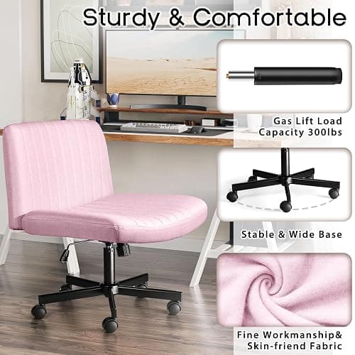 PUKAMI Criss Cross Chair with Wheels,Fabric Padded Armless Cross Legged Office Desk Chair for Home Office,Modern Swivel Height Adjustable Wide Seat Computer Task Vanity Chair(Pink) thumbnail 6