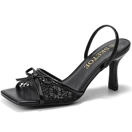 SKETOE Bow Kitten Heels for Women Square Toe Mesh Sandals Knots Heels for Wedding Party - Image 1