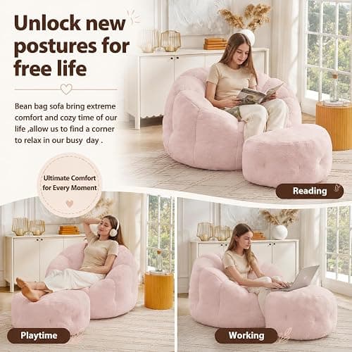 Mofolit 46" Oversized Flower Bean Bag Chair with Ottoman for Adults,Large Cozy Beanbag Chair with Artificial Rabbit Fur Fabric,Boneless Sofa for Living Room,Reading Room and Apartment. (Pink) thumbnail 4