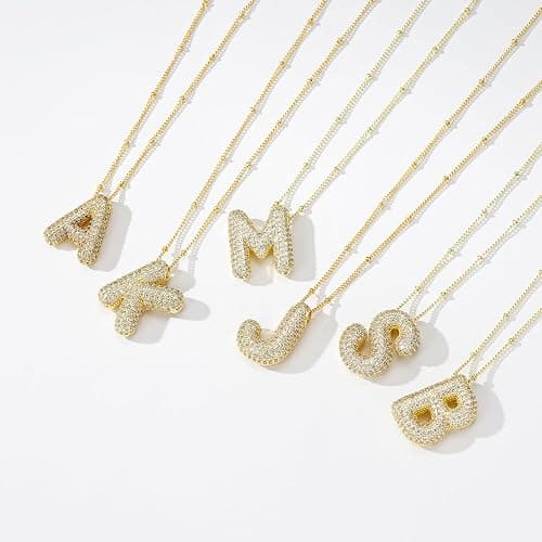 Apsvo Letter Necklace Gold, A-Z Balloon Initial Necklaces Rhinestone Puff Letter Pendant Chunky Alphabet Necklace for Women thumbnail 4