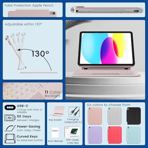 RAYMCRAFT for iPad 11th(A16, 2025)/10th Generation Case with Keyboard, Magic Keyboard 2022, Springy Backlit Keys, Stain-Resistant Surface, Multi-Touch Trackpad,Pink thumbnail 7