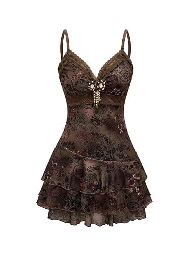 Verdusa Women's Y2k Outfits Gothic Dresses Vintage Boho Beaded Ruffle Lace Paisley Print Tiered Mini Summer Dress - Image 1