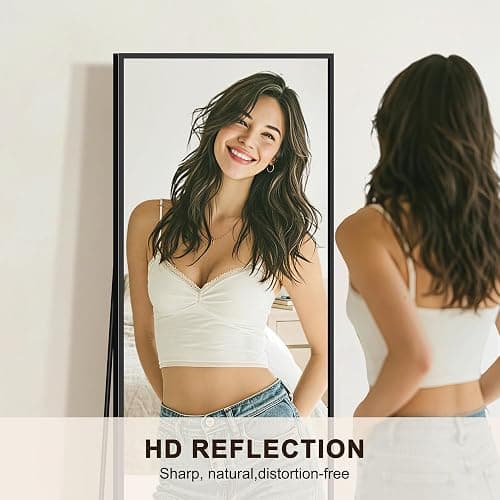 FICTOR Full Length Mirror with Stand, Floor Standing Mirror Full Body, HD Shatterproof Black Frame Wall Mirror for Bedroom, Living Room, Dressing Room & Entryway, 70"x24" thumbnail 3