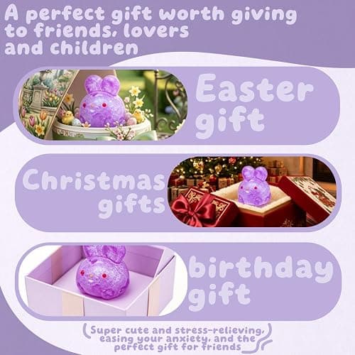Stress Relief Purple Glitter Bunny Squeeze Toy - Anxiety Calming Sensory Fidget Toy for Kids & Adults, Soft Squishy Ball for ADHD Autism, Jelly Hops thumbnail 6