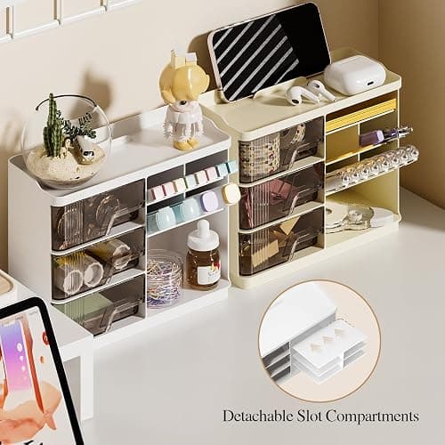 Delamu Makeup Organizer with Drawers, Multi-Function Vanity Organizer Countertop, Stackable Desk Organizer for Makeup Brush Lipstick Skincare Bathroom Vanity Organization and Storage, White - White thumbnail 6