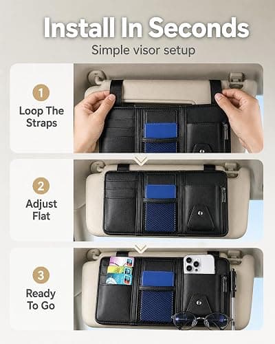 All‑in‑one Sun Visor Organizer Double Zippers Elastic Bands & Glasses Clip | Daily Driving for Cards, Money, Tickets, Leather Interior Accessories, Car Truck Suv Storage Pouch Holder(Black) thumbnail 5