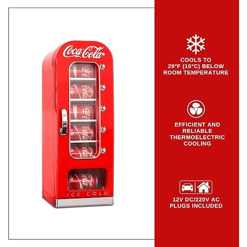 Coca-Cola AC/DC Retro Vending Electric Cooler with 10 Can Capacity - Beverage Vending Machine with Thermoelectric Cooling and Tall Window Display thumbnail 4