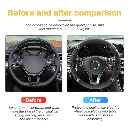 Osilly Bling Car Steering Wheel Cover, 15 Inch Rhinestones Soft Leather Elastic Steering Wheel Protector, Sparkly Crystal Diamond for Women Girls, Car Interior Accessories for Most Cars (Black) thumbnail 5