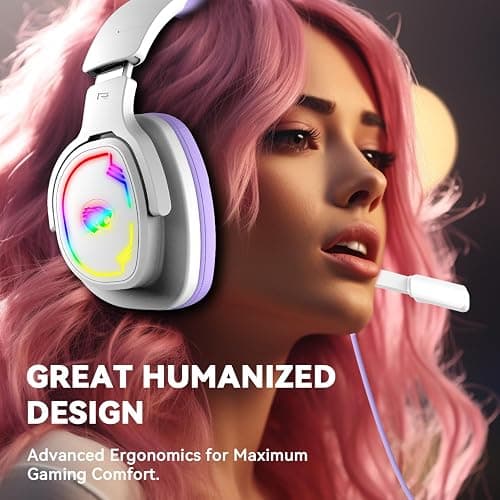Jimonyer Gaming Headset for PS5 PS4 PC Xbox Series X|S Switch, 7.1 Stereo Surround Sound Over Ear Headphones with Noise Canceling Mic, RGB LED Light, Soft Memory Earmuffs for Gaming or Work, Purple thumbnail 2