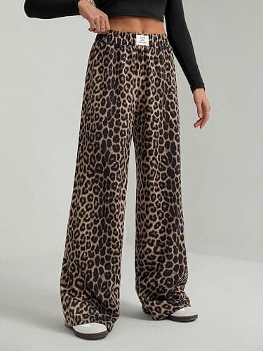GORGLITTER Women's Cheetah Print Pants Leopard Wide Leg Sweatpants | Straight Leg Sweats, Elastic High Waisted Pants, Animal Print Trousers, Baggy Bottom, Fall Outfits thumbnail 6