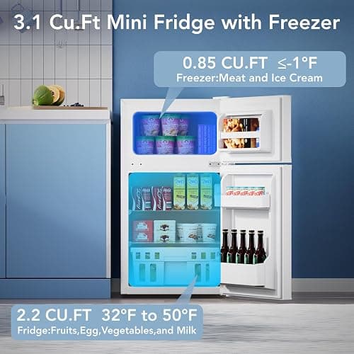 Electactic 3.1 Cu.Ft Small Fridge with Freezer,Compact Refrigerator with 2 Doors,Mini Fridge with Adjustable Removable Glass Shelves for Bedroom,Dorm or Apartment,White - White thumbnail 2