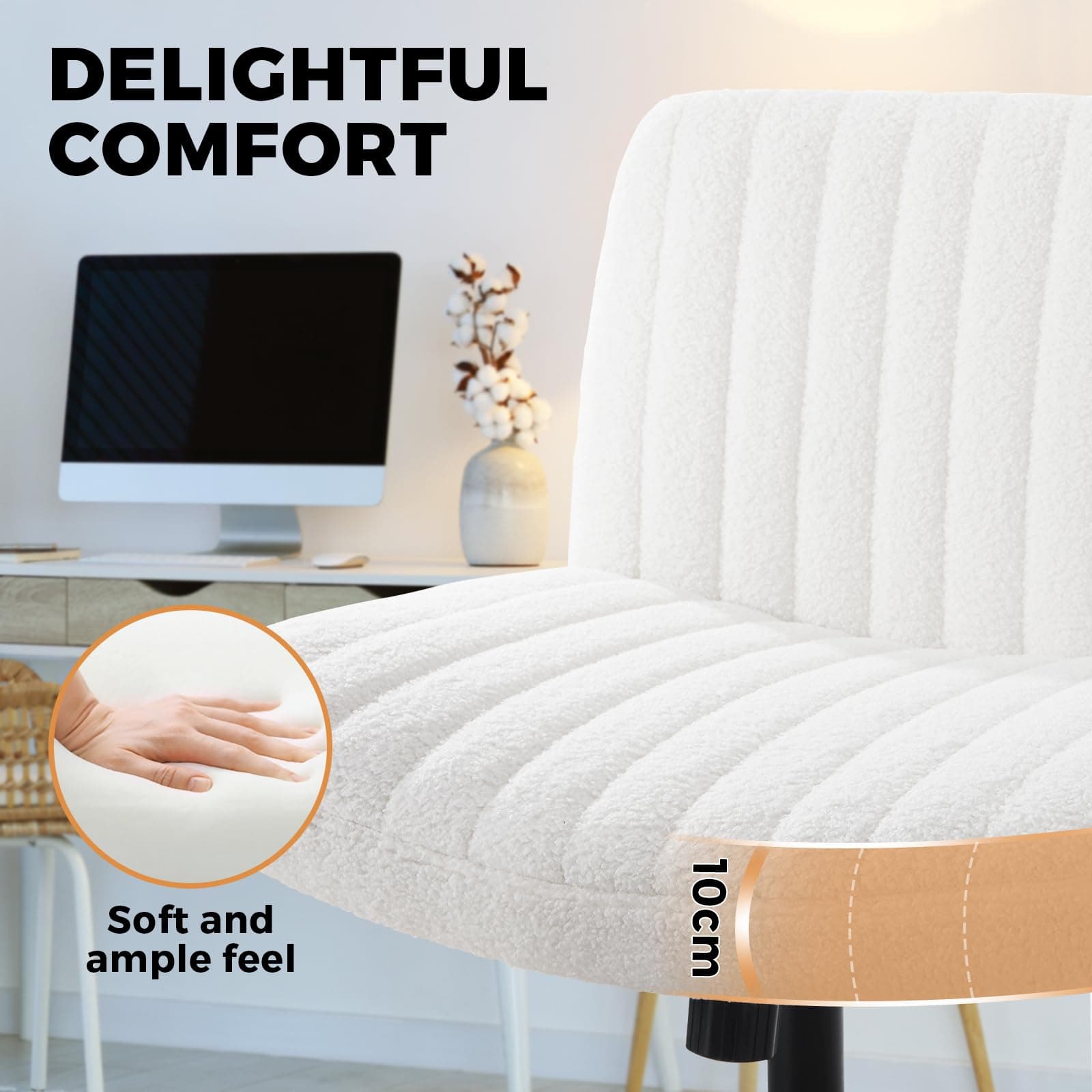 Oikiture Home Office Chair with Sherpa Fabric and Wider Seat White Cross Legged Office Chair thumbnail 3