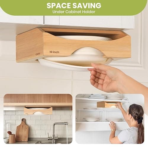 10-inch Paper Plate Dispenser Under Cabinet, Bamboo Paper Plate Holders, Kitchen Counter Vertical Plate Dispensers Holders Countertop Caddy(For 10-inch Plates, Bamboo) thumbnail 3