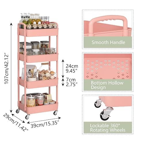 Sywhitta 4-Tier Plastic Rolling Utility Cart with Handle, Multi-Functional Storage Trolley for Office, Living Room, Kitchen, Movable Storage Organizer with Wheels, Pink thumbnail 3