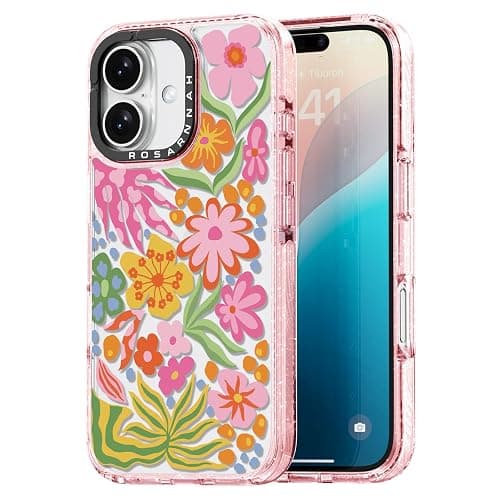 Rosarnnah Compatible for iPhone 16 Case Cute - Durable Shockproof 6.6 ft Drop Impact Phone Case - Glitter Pink Funny Passion Flower Design for iPhone 16 6.1" - Image 1