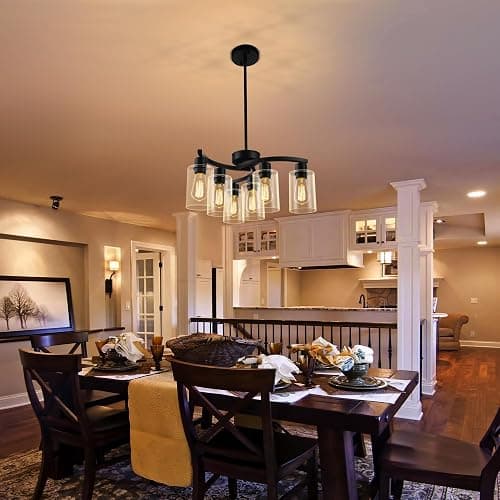 CNRATYE 6-Light Modern Farmhouse Black Chandelier, Contemporary Dining Room Light Fixture, Adjustable Height Hanging Industrial Pendant Lights Kitchen Island, Clear Glass Shade thumbnail 2