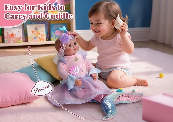 BABESIDE Mermaid Baby Doll Girl, 15-Inch Realistic Soft Baby Dolls with Shiny Mermaid Tail & Accessories, Cute Mermaid Toys for Girls Ages 3-10 Kids, Christmas, Birthday thumbnail 3