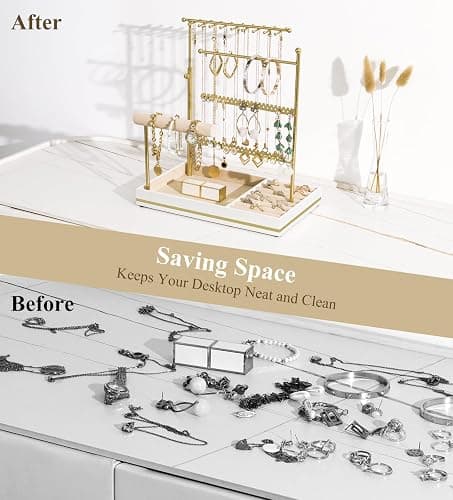 Emibele Jewelry Holder, Jewelry Organizer Stand Necklace Earrings Bracelet Holder, 5 Tier Jewelry Display Tower Rack with Metal Frame and Velvet Ring Tray, Aesthetic Jewelry Stand Gift for Women, Gold thumbnail 5