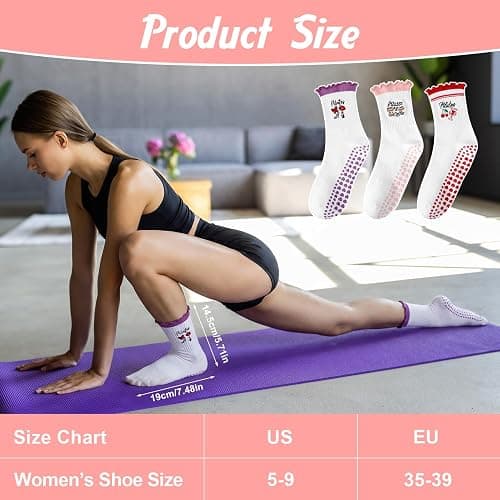scenicamp 3/6 Pairs Cute Pilates Socks for Women, Ruffle Frilly Yoga Socks Non Slip Cotton Crew Ballet Socks with Embroidery thumbnail 3