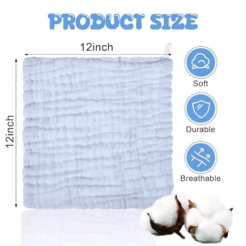 Breling 20 Pcs Baby Muslin Washcloth 12x12 in, White, Light Blue, Blue | 100% Cotton,Soft and Absorbent Burp Cloth, Wipe Newborn Face Body Towel, for Baby Boy Girl Sensitive Skin thumbnail 2