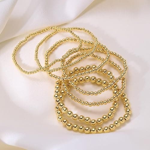 7pcs Simple Stackable Gold Beaded Bracelets - Elegant Stretch Gold Bracelets for Women, Gold Bead Bracelet Set, Neutral Casual Vacation Date Daily Wear Accessories - Image 1