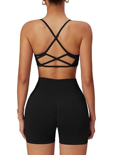 ABOCIW 2 Piece Seamless Workout Sets for Women Scoop Neck Strappy Sports Bra Scrunch Butt Lifting Gym Impact Shorts - Image 1