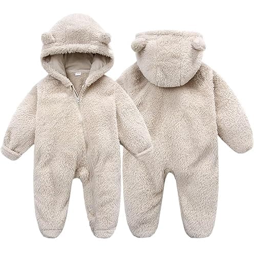 BYFRI Baby Fluffy Onesies Infant Fleece Jumpsuits Cute Bear Hooded One Piece Outfit Newborn Snowsuit Footed Outerwear - 6M - Beige