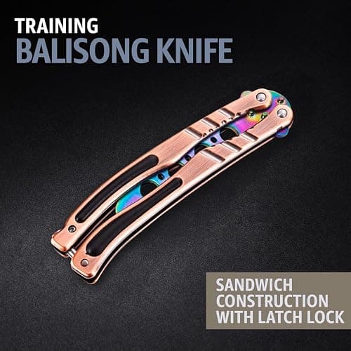 Butterfly Knife - Balisong Trainer - Multicolor Practice Butterfly Trainer with Sure Spring Latch - Balisong Knives NOT Real NOT Sharp Blade - Full Stainless Steel Fake Dull Trick CSGO Fidget Toy K01A thumbnail 4