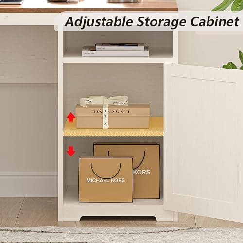 YOMILUVE 63" Farmhouse L Shaped Executive Desk with Drawers & Storage Shelf, Corner Computer Desk with Power Outlets, L Shaped Office Desk with Monitor Stand, Printer Shelf, Antique White thumbnail 6