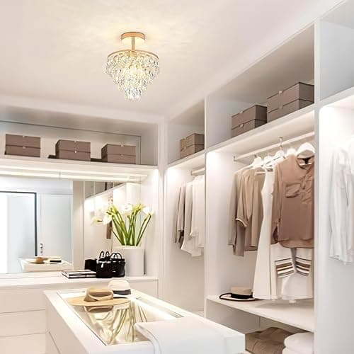 YONGYIPE Mini Crystal Chandelier Modern Crysal Flush Mount Ceiling Light for Bedroom Closet Hallway with E26 Base Small Pendant Light (Gold-Ceiling) thumbnail 4