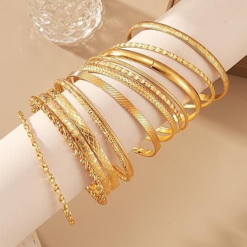 17IF Gold Bangle Bracelet For Women, 14k Multilayer Charm Textured Stackable Bracelets Boho Indian Chunky Cuff Fashion Jewelry Gift thumbnail 4