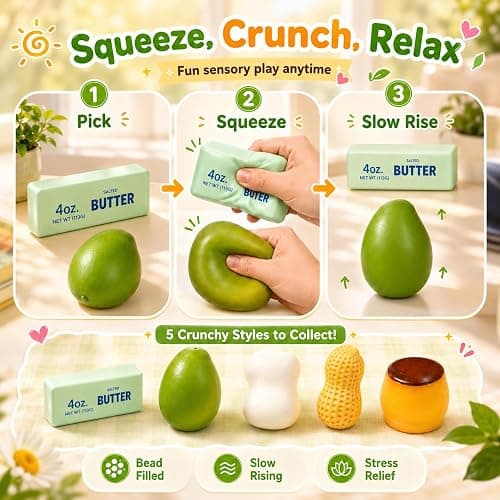 5PCS Crunchy Squishy Slow Crunchy Squishies Squeeze Stress Ball (5pcs) | Butter Mango Peanut Soap Pudding Asmr Filled, Stress Stick Rebound Calming Desk Decor Moldable Adults Party Favor thumbnail 4