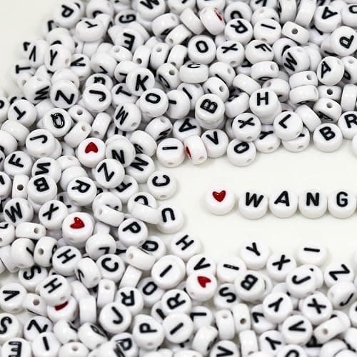WangLaap 1450Pcs Letter Beads, Acrylic 4x7mm Round Alphabet A-Z and Red Heart Black Star Beads for Bracelets Necklaces DIY Jewelry Making (White) thumbnail 5